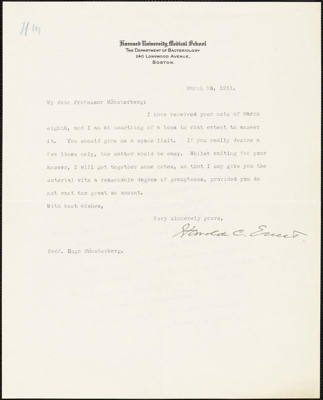 Ernst, Harold C. (Harold Clarence), 1856-1922 typed letter signed to Hugo Münsterberg, Boston, 18 March 1911