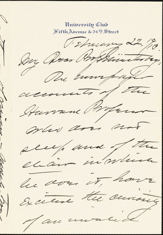 Ernst, Harold C. (Harold Clarence), 1856-1922 typed letter signed to Hugo Münsterberg, [New York], 22 February 1913