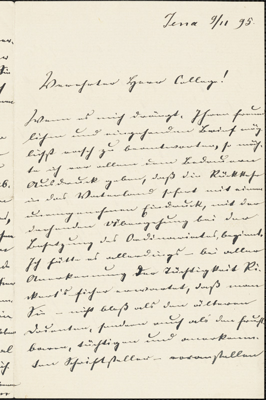 Eucken, Rudolf, 1846-1926 autograph letter signed to Hugo Münsterberg, Jena, 9 November 1895