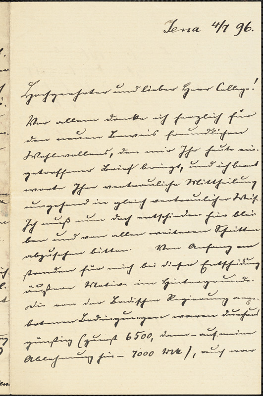 Eucken, Rudolf, 1846-1926 autograph letter signed to Hugo Münsterberg, Jena, 4 July 1896