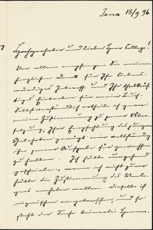 Eucken, Rudolf, 1846-1926 autograph letter signed to Hugo Münsterberg, Jena, 18 September 1896