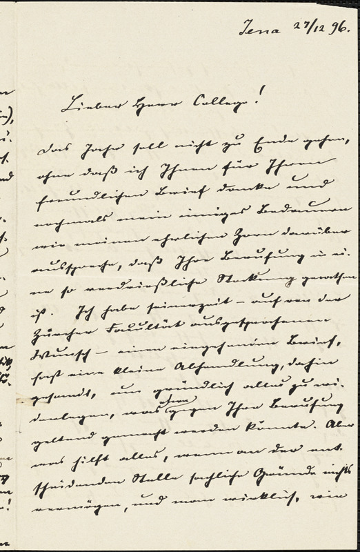 Eucken, Rudolf, 1846-1926 autograph letter signed to Hugo Münsterberg, Jena, 27 December 1896