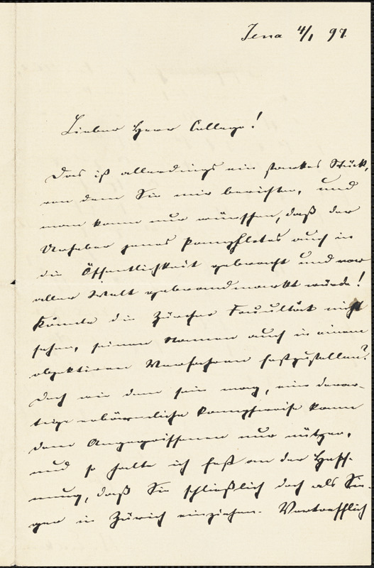 Eucken, Rudolf, 1846-1926 autograph letter signed to Hugo Münsterberg, Jena, 4 January 1897