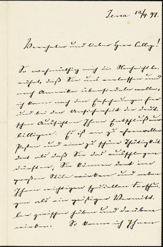 Eucken, Rudolf, 1846-1926 autograph letter signed to Hugo Münsterberg, Jena, 12 April 1897