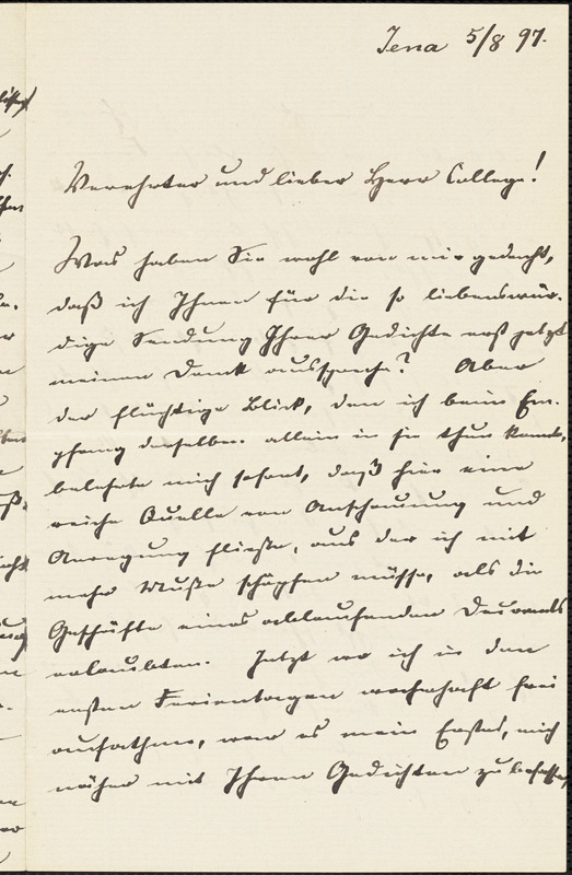 Eucken, Rudolf, 1846-1926 autograph letter signed to Hugo Münsterberg, Jena, 5 August 1897