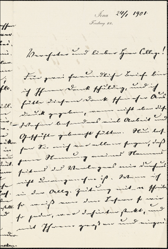 Eucken, Rudolf, 1846-1926 autograph letter signed to Hugo Münsterberg, Jena, 24 January 1901