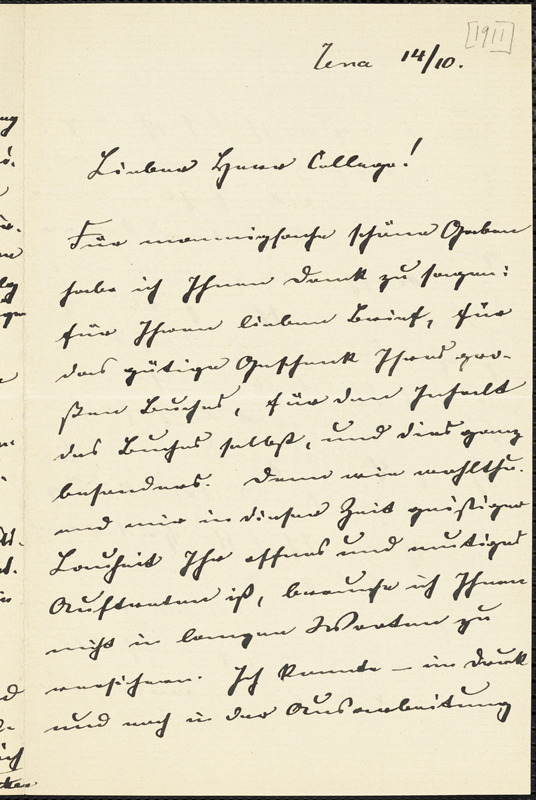 Eucken, Rudolf, 1846-1926 autograph letter signed to Hugo Münsterberg, Jena, 14 October [1911]