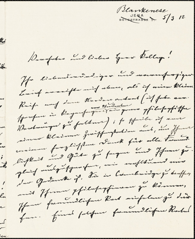 Eucken, Rudolf, 1846-1926 autograph letter signed to Hugo Münsterberg, Blankenese, 5 March 1912