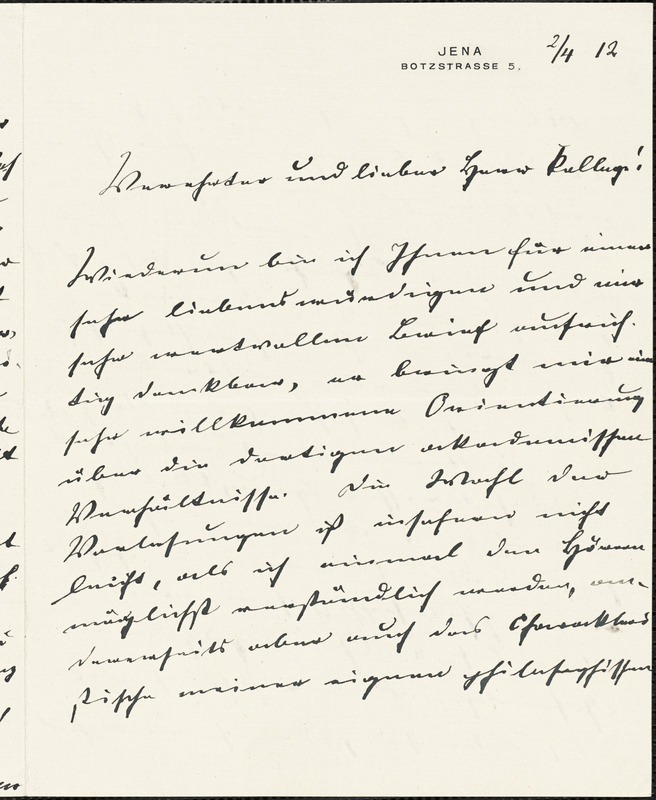 Eucken, Rudolf, 1846-1926 autograph letter signed to Hugo Münsterberg, Jena, 2 April 1912