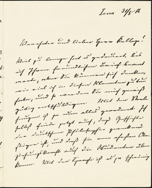 Eucken, Rudolf, 1846-1926 autograph letter signed to Hugo Münsterberg, Jena, 31 May 1912