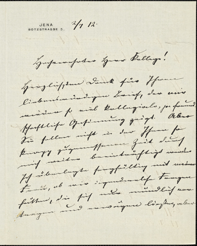 Eucken, Rudolf, 1846-1926 autograph letter signed to Hugo Münsterberg, Jena, 2 July 1912