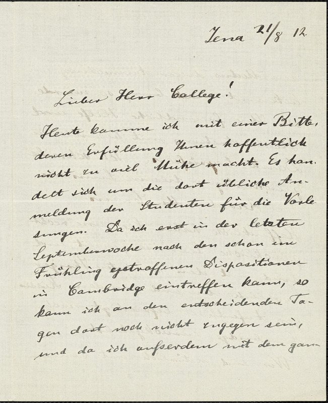 Eucken, Rudolf, 1846-1926 autograph letter signed to Hugo Münsterberg, Jena, 21 August 1912