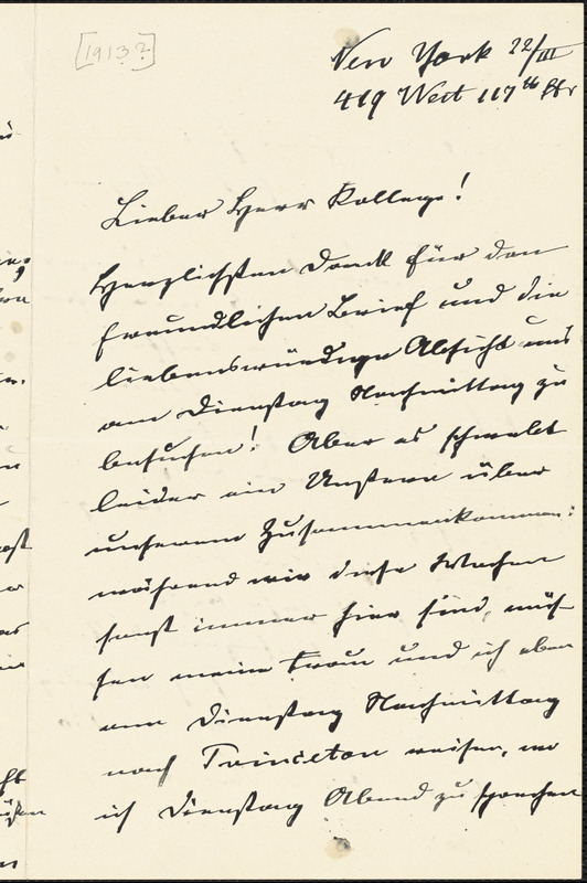 Eucken, Rudolf, 1846-1926 autograph letter signed to Hugo Münsterberg, New York, 22 March [1913?]