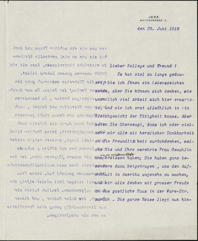 Eucken, Rudolf, 1846-1926 typed letter signed to Hugo Münsterberg, Jena, 26 June 1913