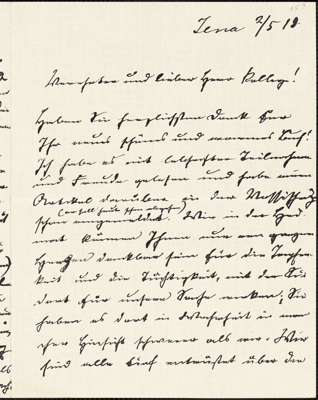 Eucken, Rudolf, 1846-1926 autograph letter signed to Hugo Münsterberg, Jena, 2 May [1915?]