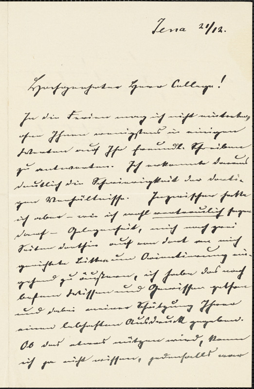 Eucken, Rudolf, 1846-1926 autograph letter signed to Hugo Münsterberg, Jena, 21 December [1899?]