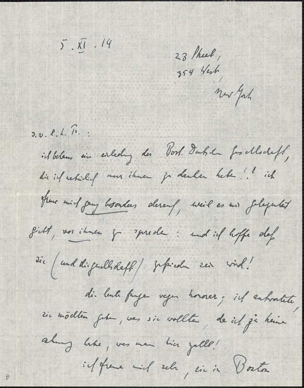 Ewers, Hanns Heinz, 1871-1943 autograph letter signed to Hugo Münsterberg, New York, 5 November 1914