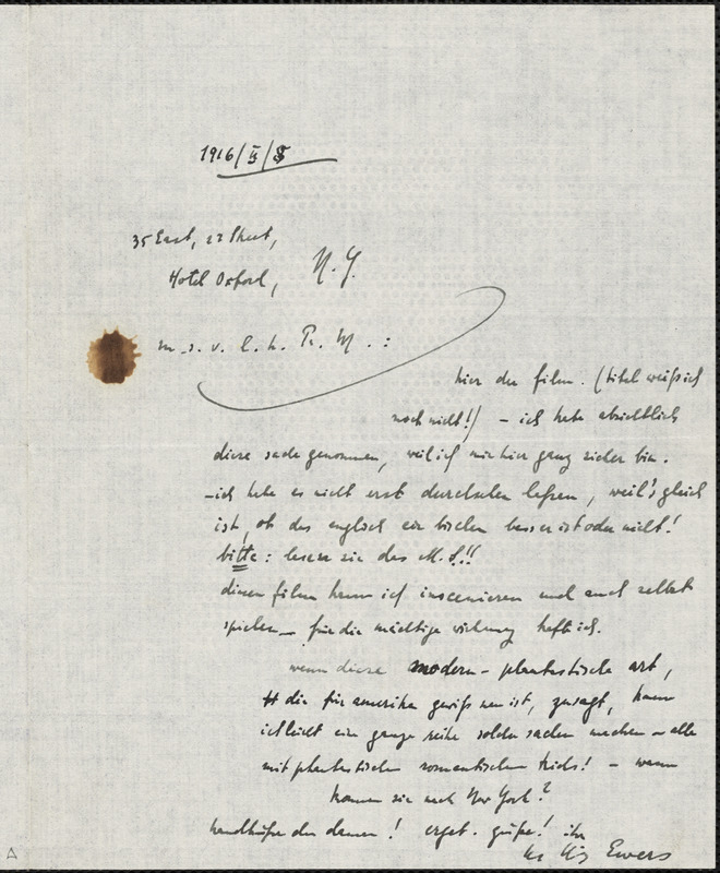 Ewers, Hanns Heinz, 1871-1943 autograph letter signed to Hugo Münsterberg, New York, 5 August 1916