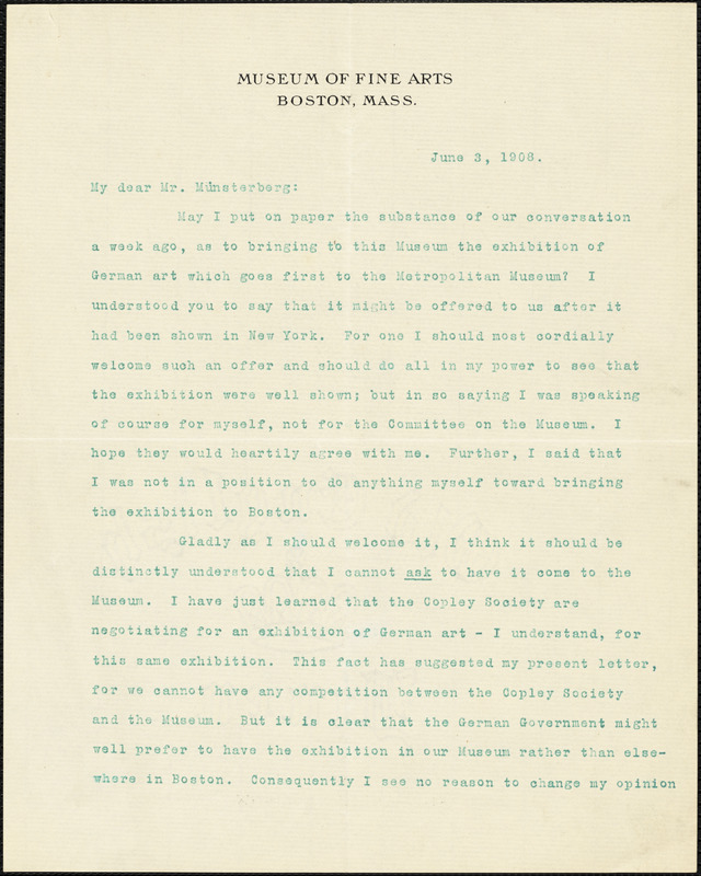 Fairbanks, Arthur, 1864-1944 typed letter signed to Hugo Münsterberg, Boston, 3 June 1908