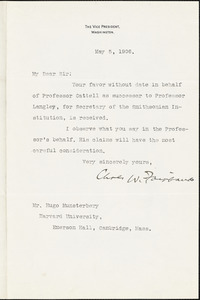 Fairbanks, Charles W. (Charles Warren), 1852-1918 typed letter signed to Hugo Münsterberg, Washington, 5 May 1906