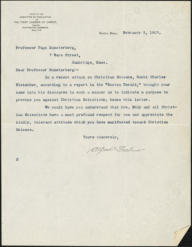 Farlow, Alfred typed letter signed to Hugo Münsterberg, Boston, 5 February 1907