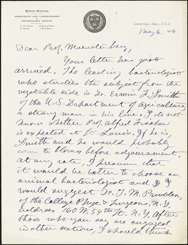 Farlow, W. G. (William Gilson), 1844-1919 autograph letter signed to Hugo Münsterberg, Cambridge, Mass., 6 May 1904