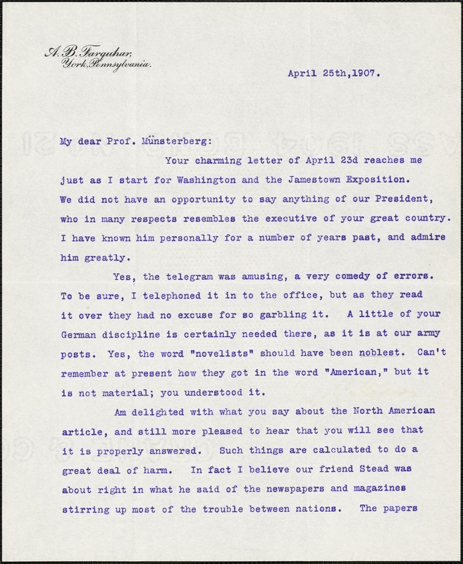 Farquhar, Arthur B., 1838-1925 typed letter signed to Hugo Münsterberg, York, Pa., 25 April 1907