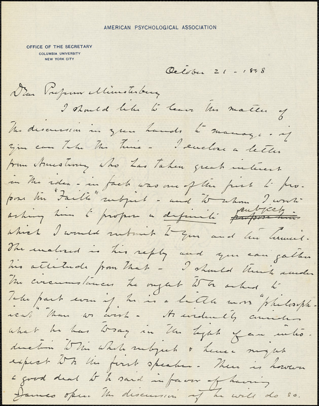 Farrand, Livingston, 1867-1939 autograph letter signed to Hugo Münsterberg, New York, 21 October 1898