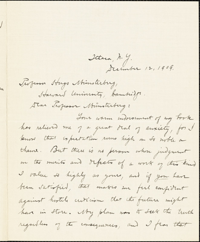 Faust, Albert Bernhardt, 1870-1951 autograph letter signed to Hugo Münsterberg, Ithaca, N.Y., 12 December 1909