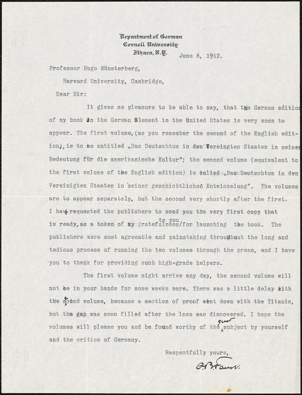 Faust, Albert Bernhardt, 1870-1951 typed letter signed to Hugo Münsterberg, Ithaca, N.Y., 8 June 1912