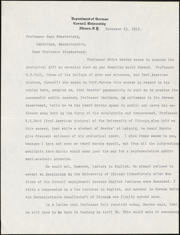 Faust, Albert Bernhardt, 1870-1951 typed letter signed to Hugo Münsterberg, Ithaca, N.Y., 23 November 1912