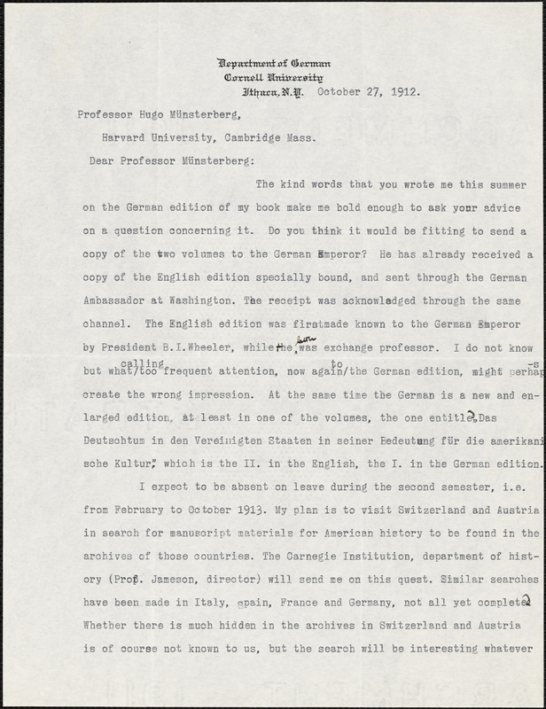 Faust, Albert Bernhardt, 1870-1951 typed letter signed to Hugo Münsterberg, Ithaca, N.Y., 27 October 1912
