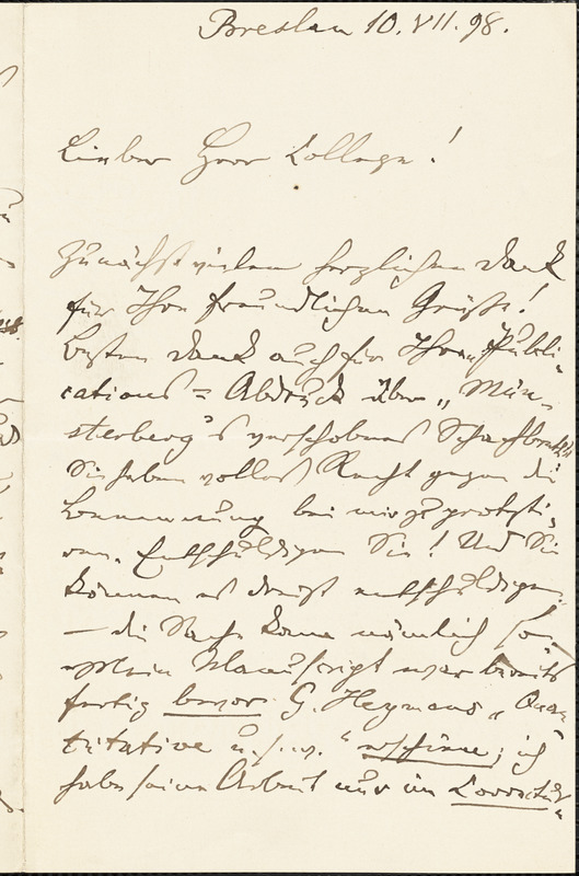 Filehne, Wilhelm, 1844- autograph letter signed to Hugo Münsterberg, Breslau, Ger., 10 July 1898