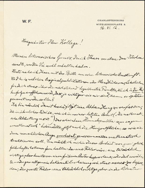 Filehne, Wilhelm, 1844- autograph letter signed to Hugo Münsterberg, Charlottenburg, Ger., 16 June 1912