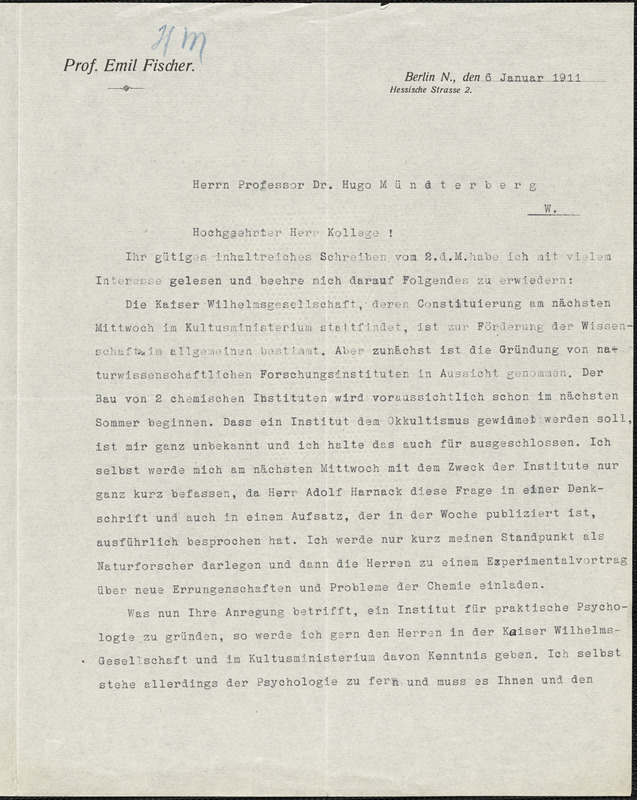 Fischer, Emil, 1852-1919 typed letter signed to Hugo Münsterberg, Berlin, 6 January 1911