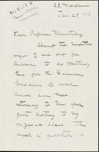 Fisher, Donald, fl. 1916 autograph letter signed to Hugo Münsterberg, 29 January 1916