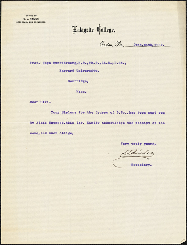 Fisler, S L, fl. 1907 typed letter signed to Hugo Münsterberg, Easton, Pa., 25 June 1907