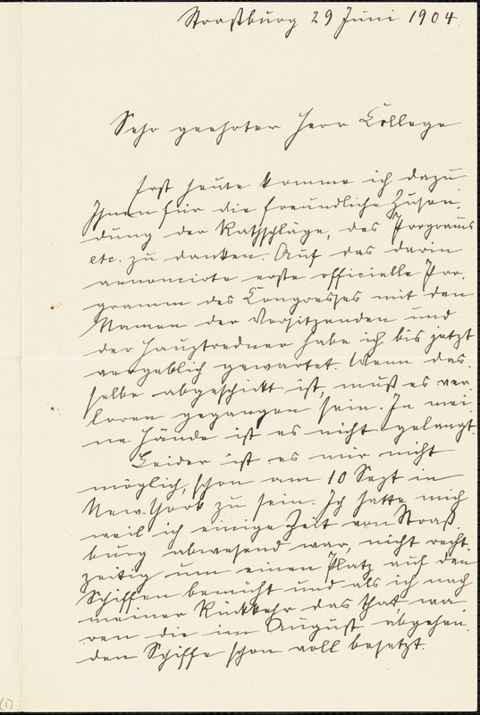 Fittig, Rudolf, 1835-1910 autograph letter signed to Hugo Münsterberg, Strassburg, Ger., 29 June 1904