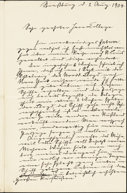 Fittig, Rudolf, 1835-1910 autograph letter signed to Hugo Münsterberg, Strassburg, Ger., 2 August 1904