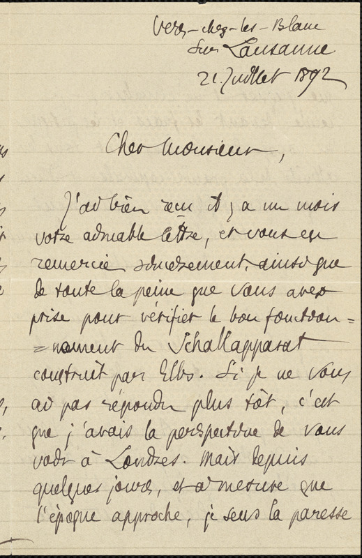 Flournoy, Théodore, 1854-1920 autograph letter signed to Hugo Münsterberg, Lausanne, 21 July 1892
