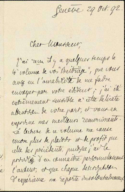 Flournoy, Théodore, 1854-1920 autograph letter signed to Hugo Münsterberg, Genève, 29 October 1892
