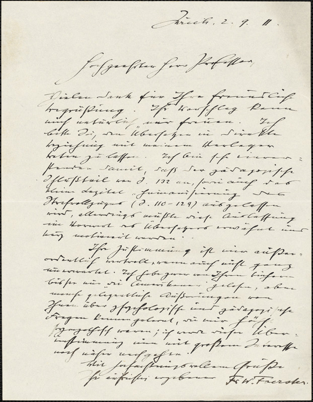 Foerster, Friedrich Wilhelm, 1869-1966 autograph letter signed to Hugo Münsterberg, Zurich, 2 September 1911