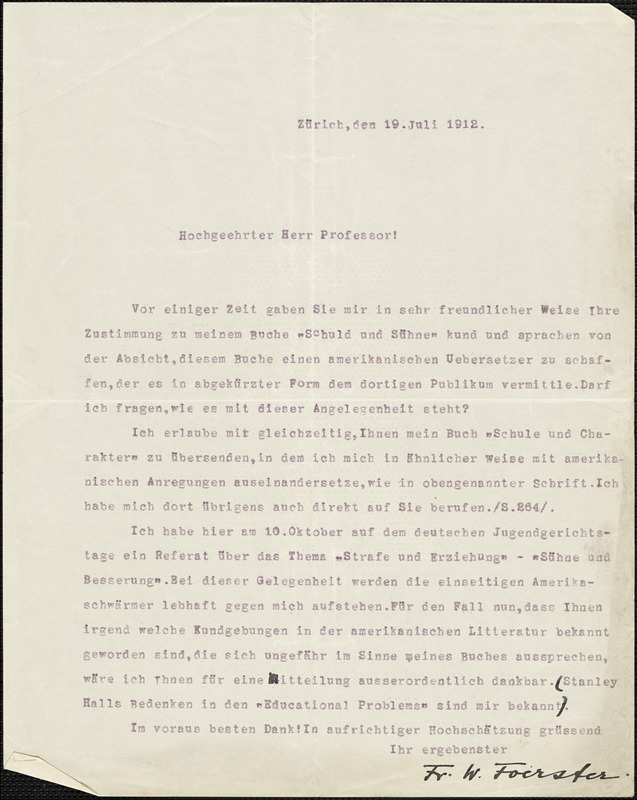 Foerster, Friedrich Wilhelm, 1869-1966 typed letter signed to Hugo Münsterberg, Zurich, 19 July 1912