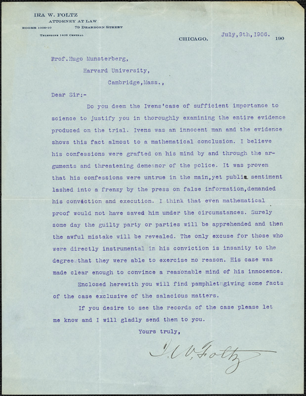 Folz, Ira W., fl. 1906 typed letter signed to Hugo Münsterberg, Chicago, 9 July 1906