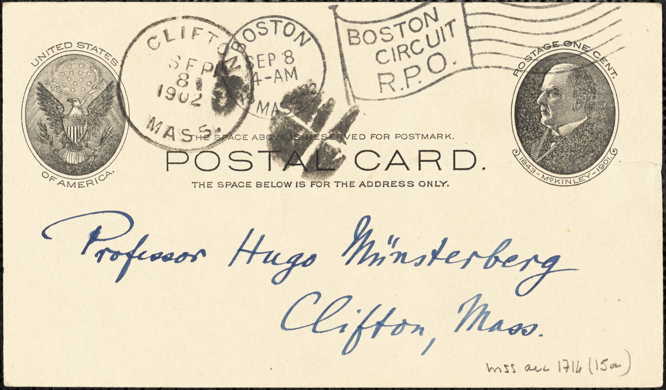 Francke, Kuno, 1855-1930 autograph note signed (postcard) to Hugo Münsterberg, [Boston], 8 September 1902