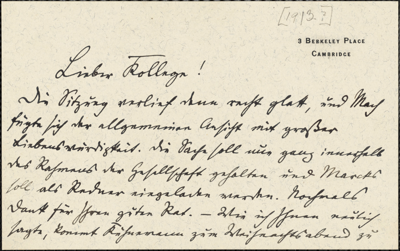 Francke, Kuno, 1855-1930 autograph card signed to Hugo Münsterberg, Cambridge, Mass., [1913?]