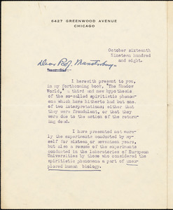 Garland, Hamlin, 1860-1940 typed letter signed to Hugo Münsterberg, Chicago, 16 October 1908