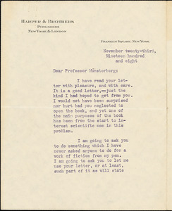 Garland, Hamlin, 1860-1940 typed letter signed to Hugo Münsterberg, New York, 23 November 1908