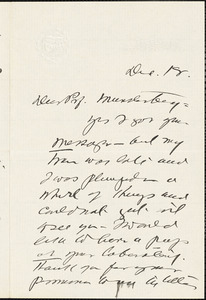 Garland, Hamlin, 1860-1940 autograph note signed to Hugo Münsterberg, New York, 18 December 1909?