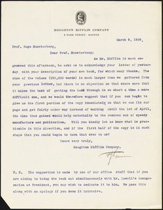 Garrison, Francis Jackson, 1848-1916 typed letter signed to Hugo Münsterberg, Boston, 9 March 1909